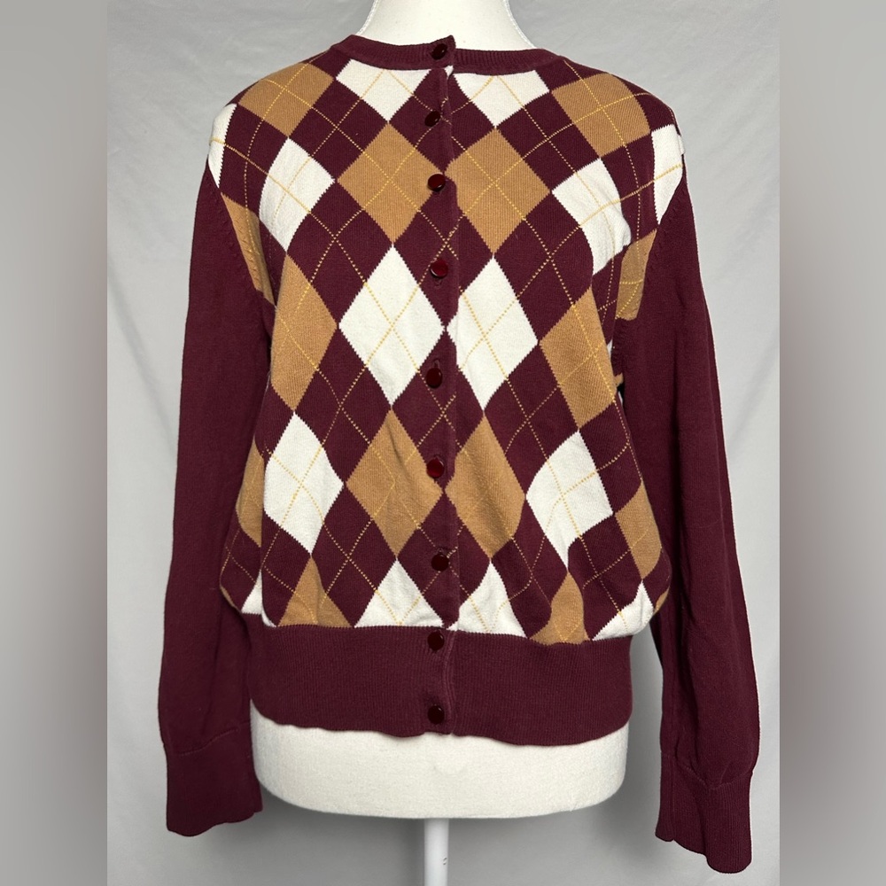 TRADITION 100% Cotton Burgundy Argyle Preppy Button‎ Up Cardigan Size L